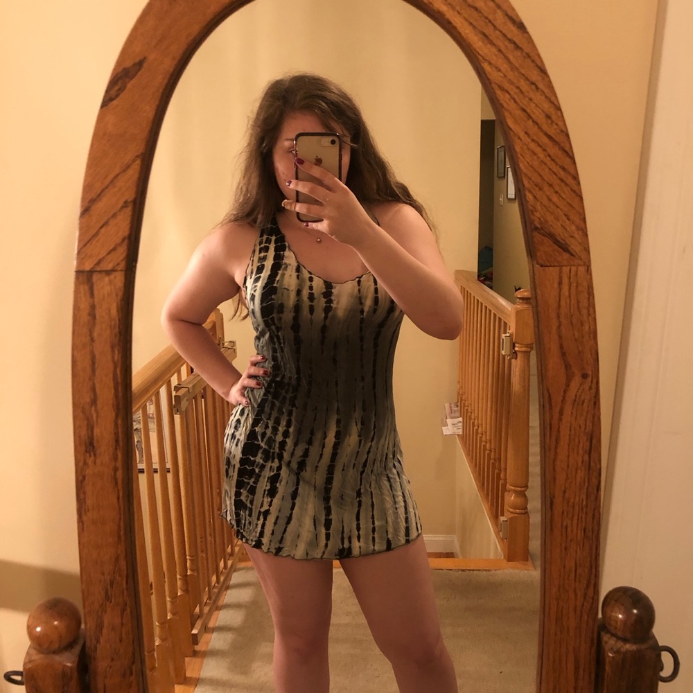 Green, black and white  mini dress with mesh back